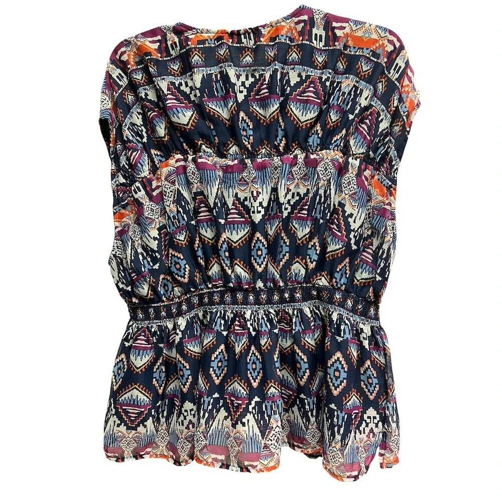 Old Navy Blouse Womens XL Blue Geometric Ikat Boho Dolman V-Neck Top